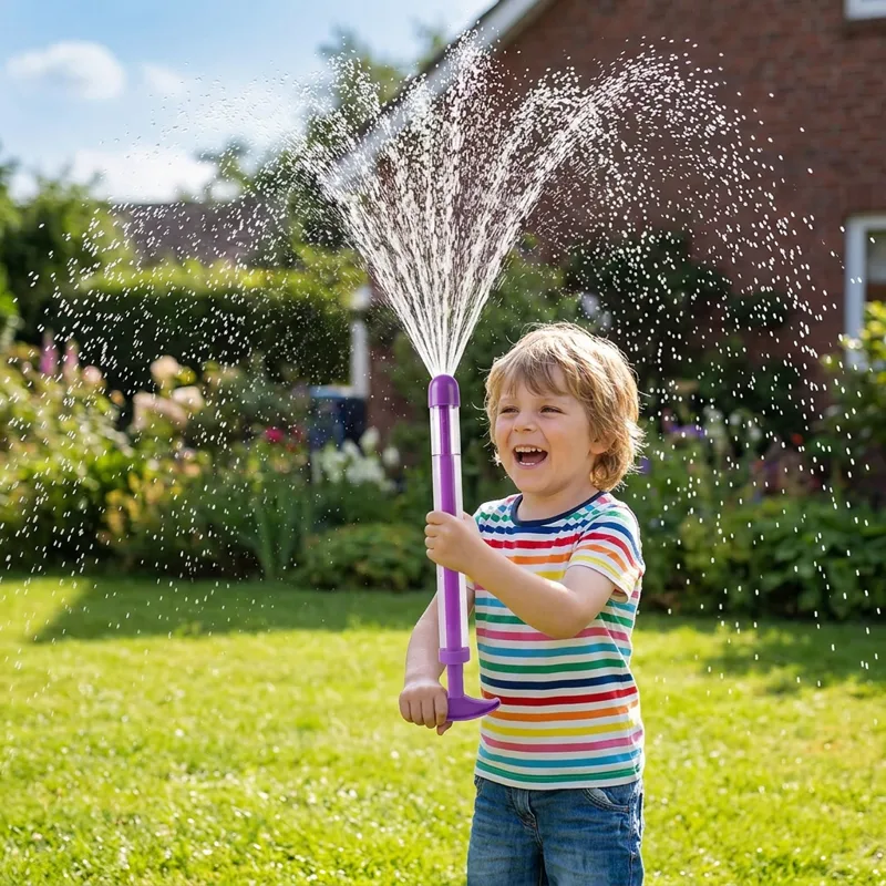 Niño jugando con la pistola de agua Morado