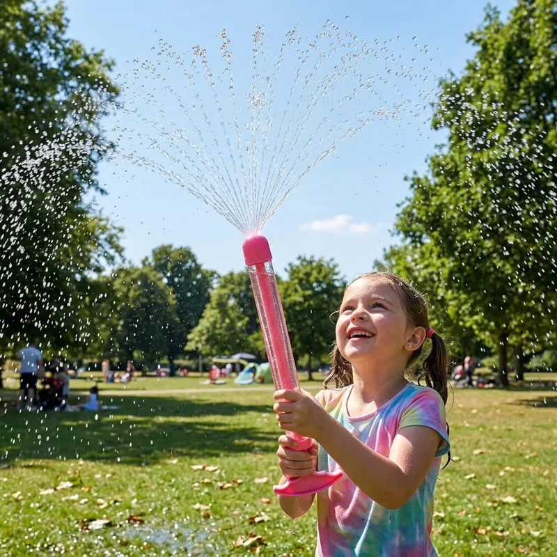 Niño jugando con la pistola de agua Rosado