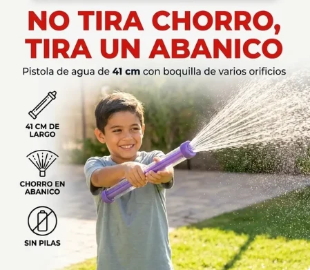 Después: niño afuera jugando con la pistola, el agua sale en abanico